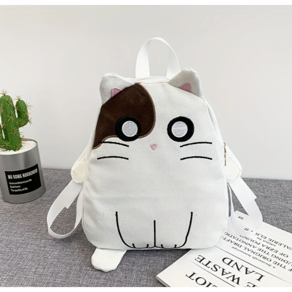 White Canvas Brown Eye Cat Backpack 12" Women Girls Teens